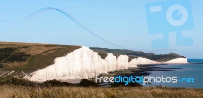 Red Arrows Display Over The Seven Sisters Stock Photo