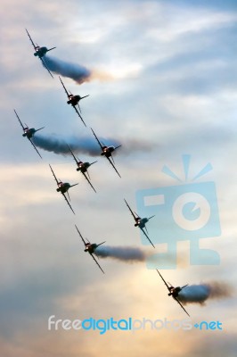 Red Arrows In Tight Formation Stock Photo