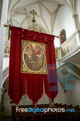 Red Banner In The Parish Church Of St. Georgen Stock Photo