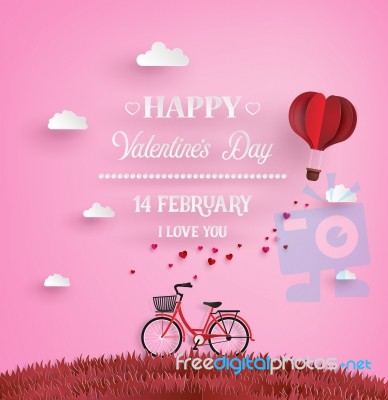 Red Bikes Parked On The Grass With Heart Shaped Balloons  Floati… Stock Image