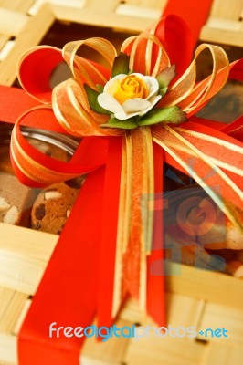 Red Bow On Cookies Box Stock Photo