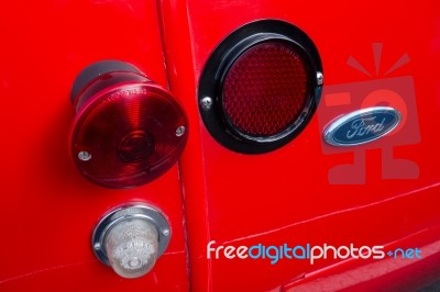 Red Bus In Glacier National Park Montana Stock Photo