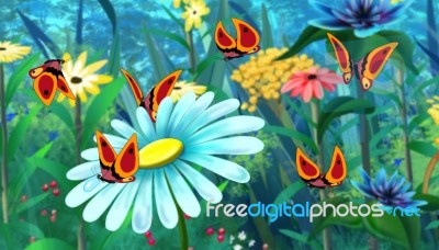 Red Butterfly And Blue Flower Full Color Image Stock Image