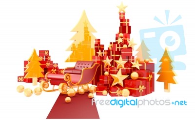 Red Carpet With Santa Sleigh And Gifts On White Background Stock Image