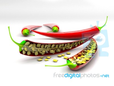 Red Chili Pepper On A White Background. 3d Rendering Stock Photo