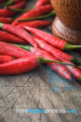 Red Chilli For Thai Food On Wood Tacble Stock Photo