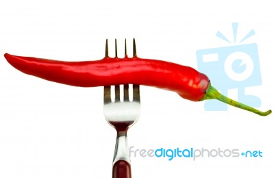 Red Chilli With Steel Fork Stock Photo