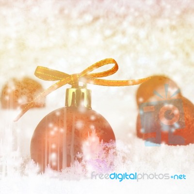 Red Christmas Ball With Bokeh In Merry Metal Tone Stock Photo