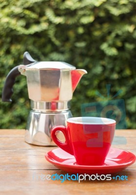 Red Cup Of Hot Espresso Shot Stock Photo