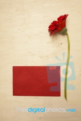 Red Daisy With Red Card On Wood Background Stock Photo