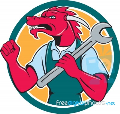 Red Dragon Mechanic Spanner Fist Pump Circle Stock Image