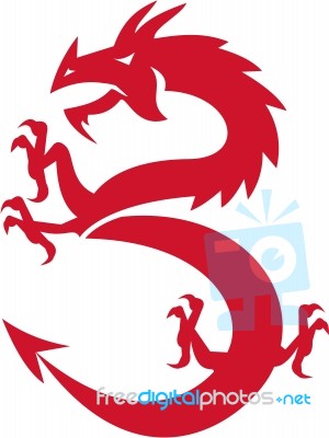 Red Dragon Prancing Silhouette Retro Stock Image