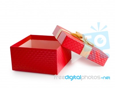 Red Empty Gift Box With Gold Ribbon Clipping Path Stock Photo