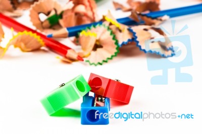 Red, Green And Blue Pencil Sharpener Stock Photo