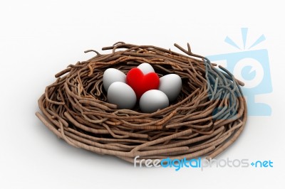 Red Heart And Eggs In A Bird Nest Stock Image