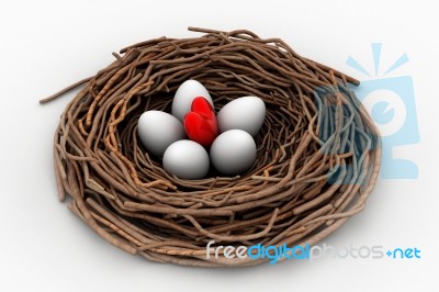 Red Heart And Eggs In A Bird Nest Stock Image