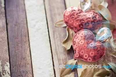 Red Heart Love On Old Wood Stock Photo