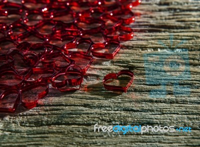 Red Heart On Wood Textured Of Top Table Use For Valentine Event Stock Photo