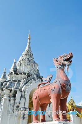 Red Lion Statue At Wat Phra That Hariphunchai Stock Photo