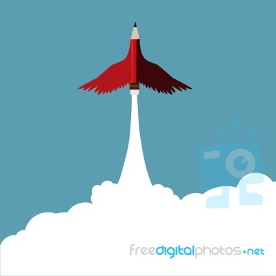 Red Pencil With Wing Flying To Sky Stock Image