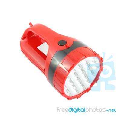 Red Plastic Pocket Flashlight On White Background Stock Photo