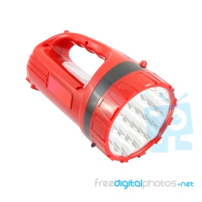 Red Plastic Pocket Handle Flashlight On White Background Stock Photo