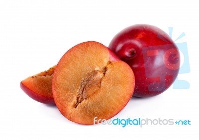 Red Plum Isolated On The White Background Stock Photo