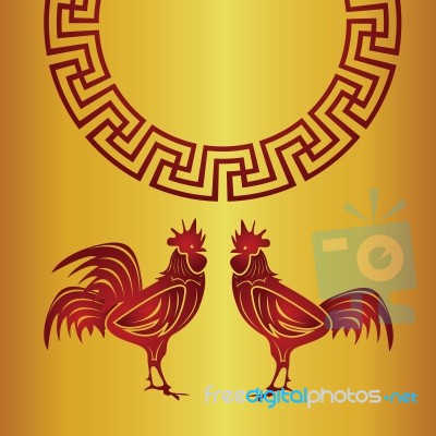 Red  Roosters And Chinese Circle On Yellow Background Stock Image