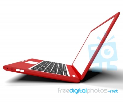 Red Sideways Computer On Desk With White Copyspace Stock Image