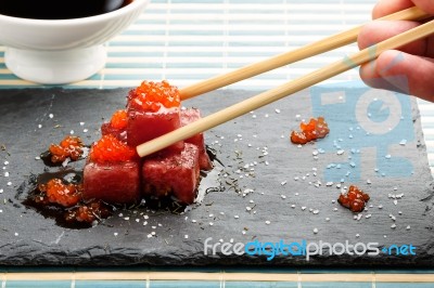 Red Tuna Sashimi With Salmon Roe Stock Photo