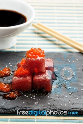 Red Tuna Sashimi With Salmon Roe Stock Photo