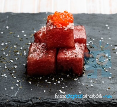 Red Tuna Sashimi With Salmon Roe Stock Photo