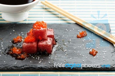 Red Tuna Sashimi With Salmon Roe Stock Photo