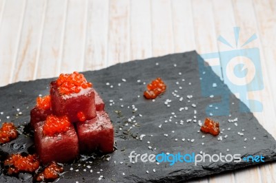 Red Tuna Sashimi With Salmon Roe Stock Photo