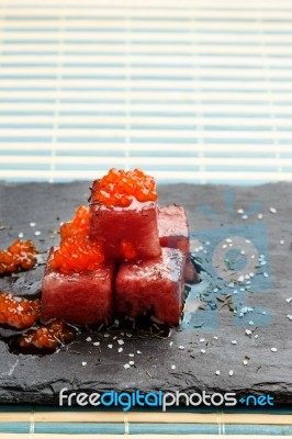 Red Tuna Sashimi With Salmon Roe Stock Photo