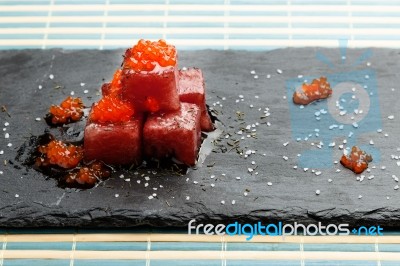 Red Tuna Sashimi With Salmon Roe Stock Photo