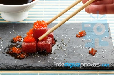 Red Tuna Sashimi With Salmon Roe Stock Photo