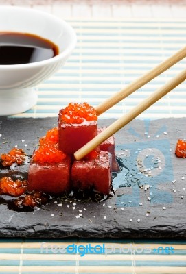 Red Tuna Sashimi With Salmon Roe Stock Photo