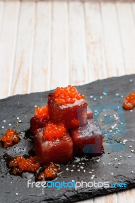 Red Tuna Sashimi With Salmon Roe Stock Photo