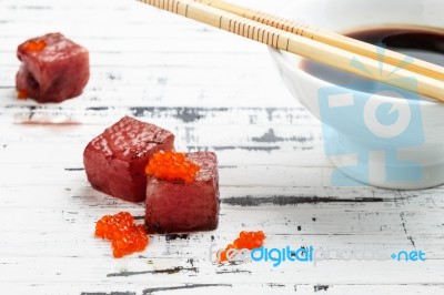 Red Tuna Sashimi With Salmon Roe Stock Photo