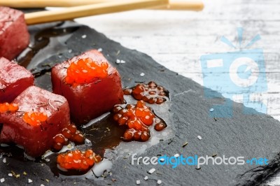 Red Tuna Sashimi With Salmon Roe Stock Photo