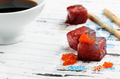 Red Tuna Sashimi With Salmon Roe Stock Photo