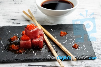 Red Tuna Sashimi With Salmon Roe Stock Photo