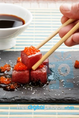 Red Tuna Sashimi With Salmon Roe Stock Photo