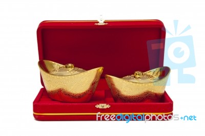 Red Velvet Box And Chinese Gold Stock Photo