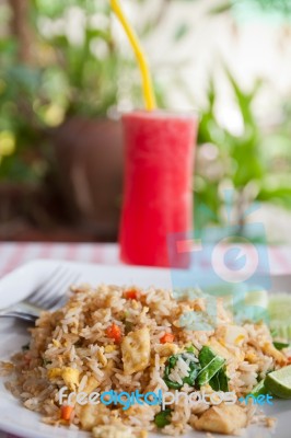 Red Watermelon Juice And Tofu Vegetable Fried Rice Stock Photo