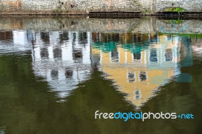 Reflection Of Colourful Buildings Along The Vlatava River In Kru… Stock Photo