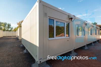 Refugees Welcome - Temporary Container City Stock Photo