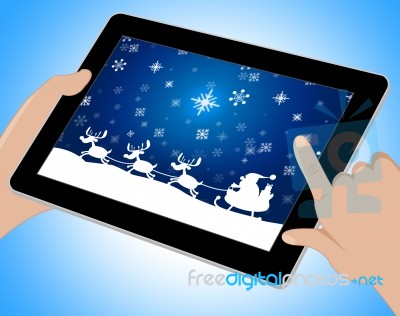 Reindeer Santa Shows Winter Snow And Congratulation Tablet Stock Image