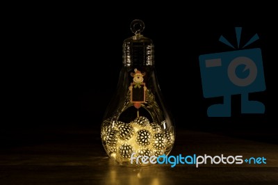 Reindeer Sign With Christmas Lights In Glass Light Bulb Stock Photo